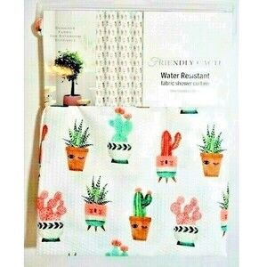 Friendly Cacti Fabric Shower Curtain Cactus Pots Succulents Water Resistant NEW